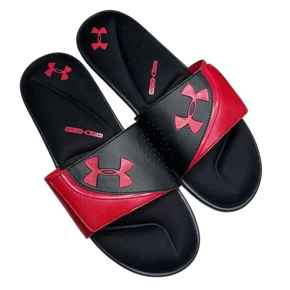Under Armor Red Black Memory 4D-Foam Adjustable Strap Sporty Slides Casual - Picture 1 of 6